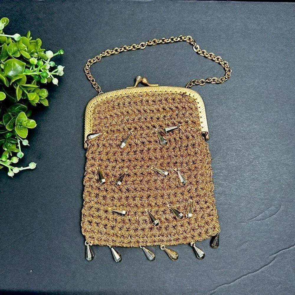 Vintage Gold Small Evening Bag Mesh Crochet with Beads made in Italy